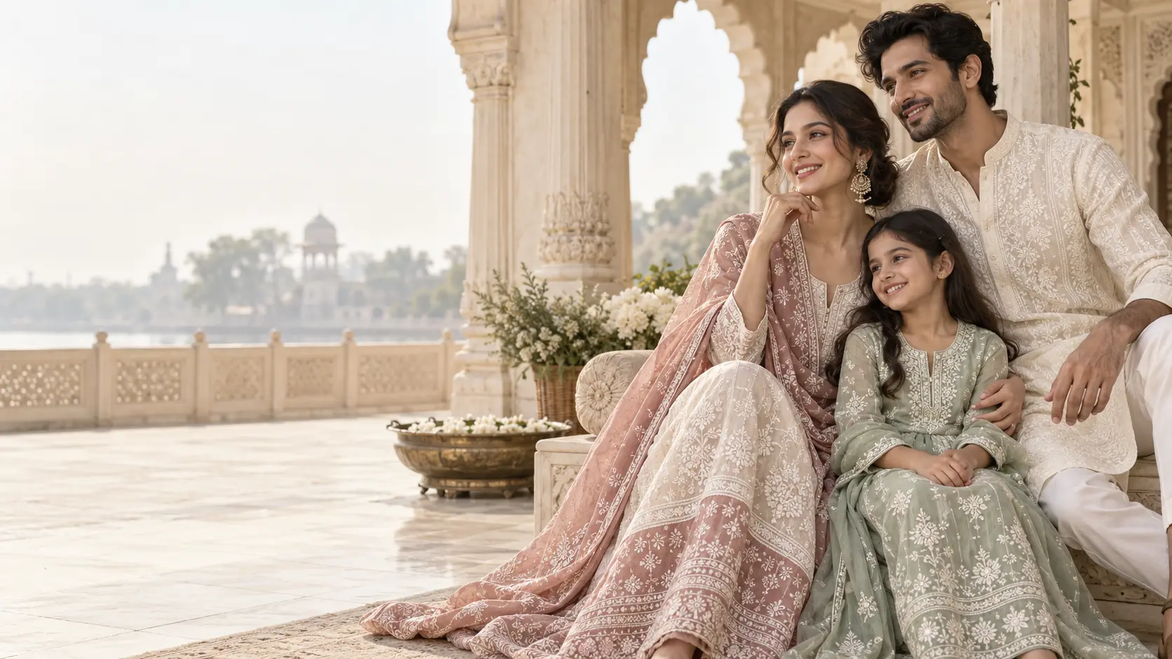 Indian family wearing coordinated Chikankari outfits