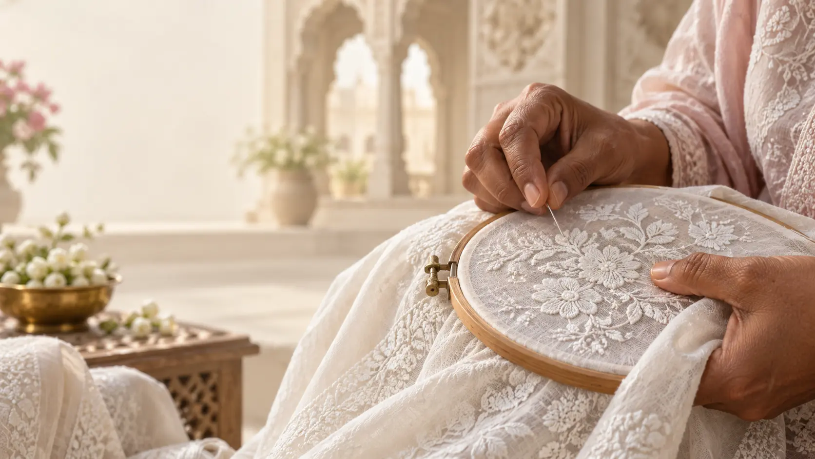 Artisan hands embroidering traditional Chikankari fabric