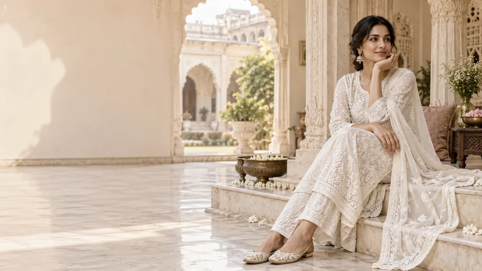Woman wearing an ivory Chikankari outfit in heritage architecture