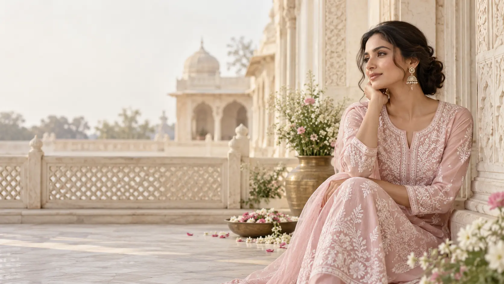 Woman wearing an ivory Chikankari outfit in heritage architecture